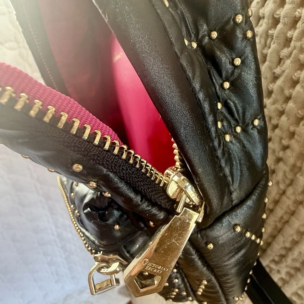 Victoria's Secret Mini Backpack Black Quilted Nylon Gold Studded Small Bag - Picture 5 of 12